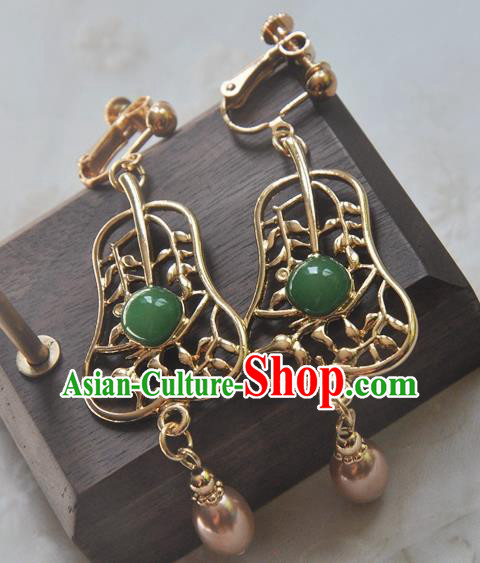Chinese Classical Cheongsam Golden Fan Ear Accessories Traditional Court Pearl Earrings