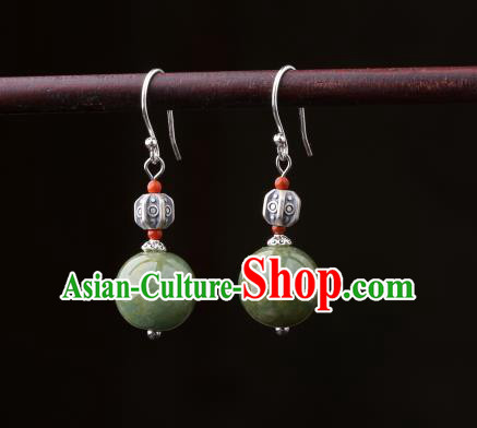 Chinese Classical Jade Bead Ear Accessories Traditional Cheongsam Silver Earrings