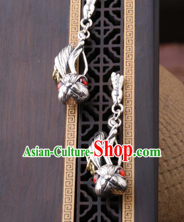Chinese Classical Garnet Ear Accessories Traditional Cheongsam Silver Rabbit Earrings