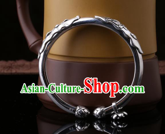 Handmade Chinese Silver Bangle Jewelry Traditional National Carving Lotus Bracelet