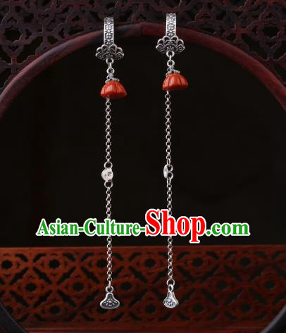 Chinese Classical Red Lotus Seedpod Ear Accessories Traditional Cheongsam Silver Long Tassel Earrings