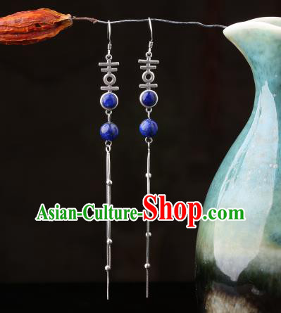 Chinese Classical Wedding Ear Accessories Traditional Cheongsam Silver Tassel Lapis Earrings