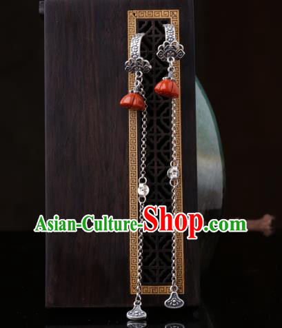 Chinese Classical Red Lotus Seedpod Ear Accessories Traditional Cheongsam Silver Long Tassel Earrings