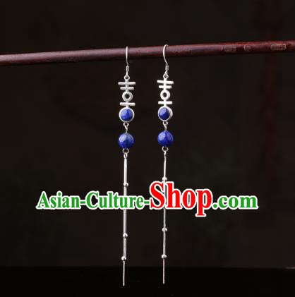 Chinese Classical Wedding Ear Accessories Traditional Cheongsam Silver Tassel Lapis Earrings