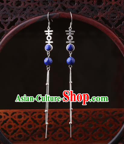 Chinese Classical Wedding Ear Accessories Traditional Cheongsam Silver Tassel Lapis Earrings