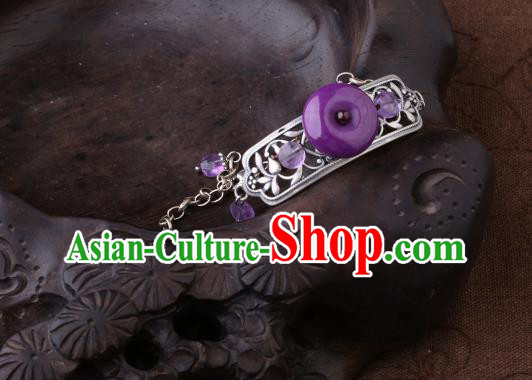Handmade Chinese Amethyst Bangle Jewelry Traditional National Silver Carving Bracelet
