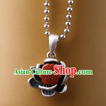 China Classical Cheongsam Agate Lotus Necklace Pendant Traditional Silver Necklet Accessories