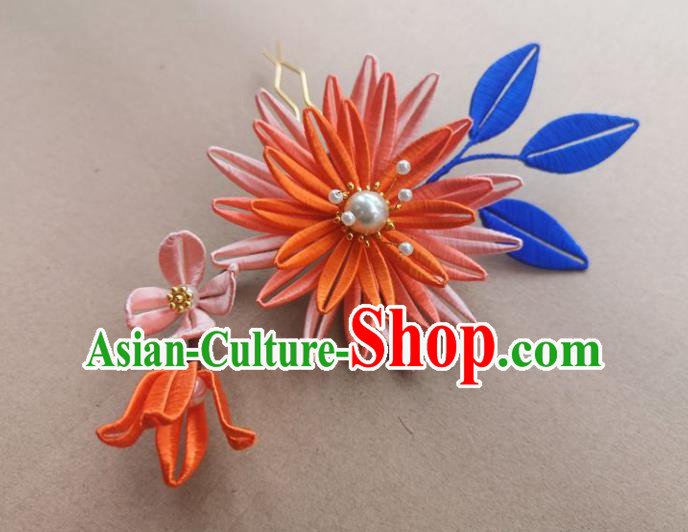 China Traditional Ming Dynasty Orange Silk Epiphyllum Hair Clip Ancient Hanfu Hairpin