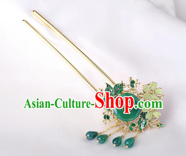 China Classical Chrysoprase Hair Stick Traditional Cheongsam Hair Accessories Handmade Tassel Hairpin
