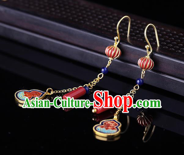 Chinese Classical Cloisonne Gourd Ear Accessories Traditional Cheongsam Red Lantern Earrings