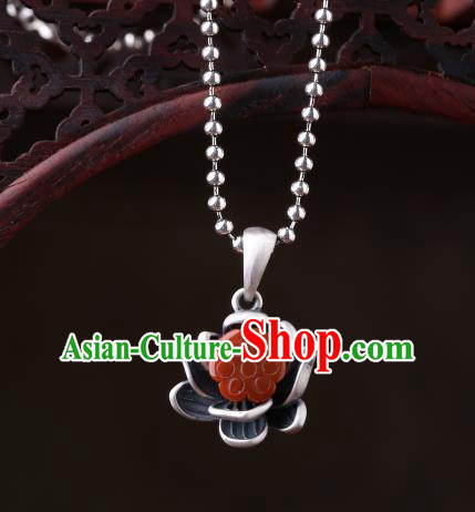 China Classical Cheongsam Agate Lotus Necklace Pendant Traditional Silver Necklet Accessories