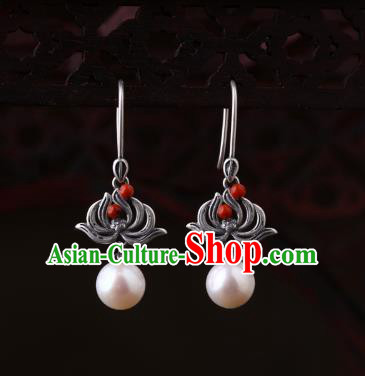 Chinese Classical Silver Lotus Ear Accessories Traditional Cheongsam Pearl Earrings