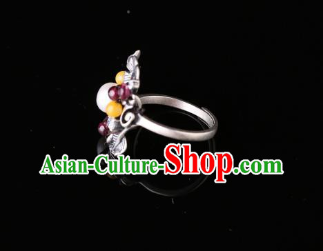 Handmade Chinese Pearl Ring Jewelry Traditional National Garnet Silver Circlet