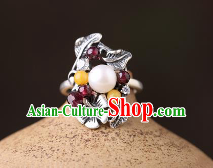 Handmade Chinese Pearl Ring Jewelry Traditional National Garnet Silver Circlet