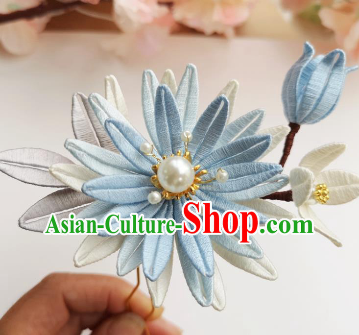 China Ancient Palace Lady Hairpin Traditional Ming Dynasty Blue Silk Epiphyllum Hair Clip