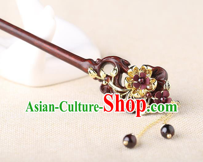 China Classical Garnet Tassel Hair Stick Traditional Cheongsam Hair Accessories Handmade Rosewood Hairpin