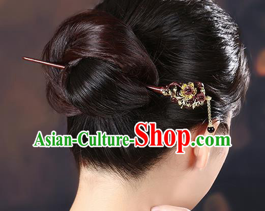 China Classical Garnet Tassel Hair Stick Traditional Cheongsam Hair Accessories Handmade Rosewood Hairpin