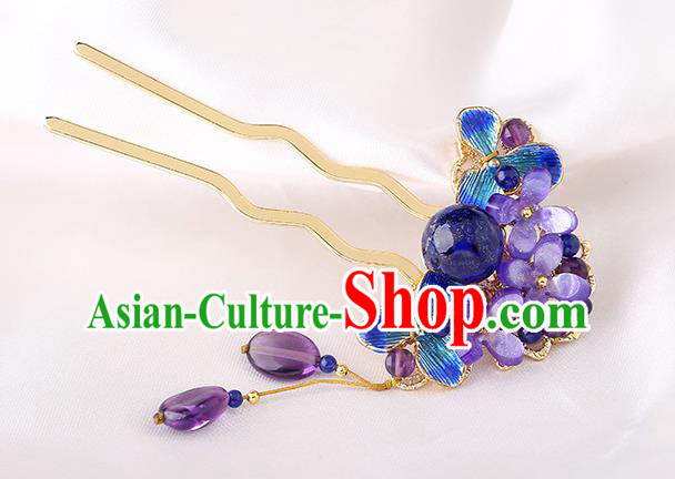 China Classical Amethyst Flowers Hair Stick Traditional Cheongsam Hair Accessories Handmade Cloisonne Hairpin