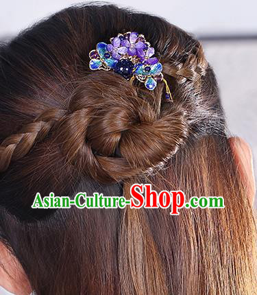 China Classical Amethyst Flowers Hair Stick Traditional Cheongsam Hair Accessories Handmade Cloisonne Hairpin