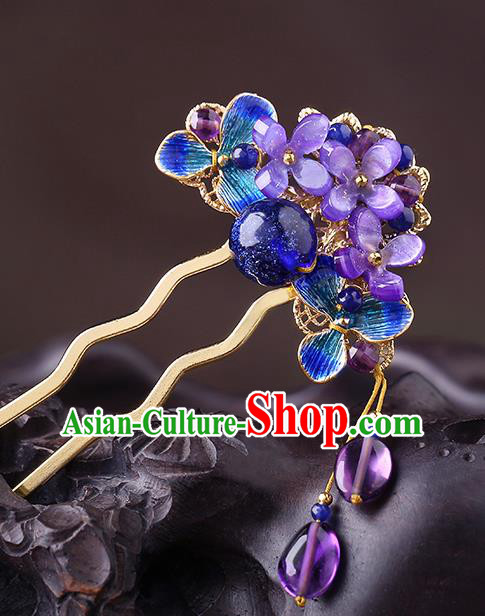 China Classical Amethyst Flowers Hair Stick Traditional Cheongsam Hair Accessories Handmade Cloisonne Hairpin