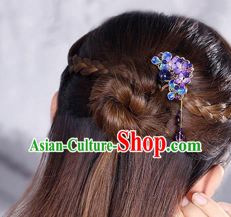 China Classical Amethyst Flowers Hair Stick Traditional Cheongsam Hair Accessories Handmade Cloisonne Hairpin