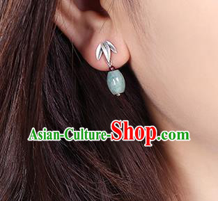 Chinese Classical Silver Bamboo Leaf Ear Accessories Traditional Cheongsam Jade Earrings