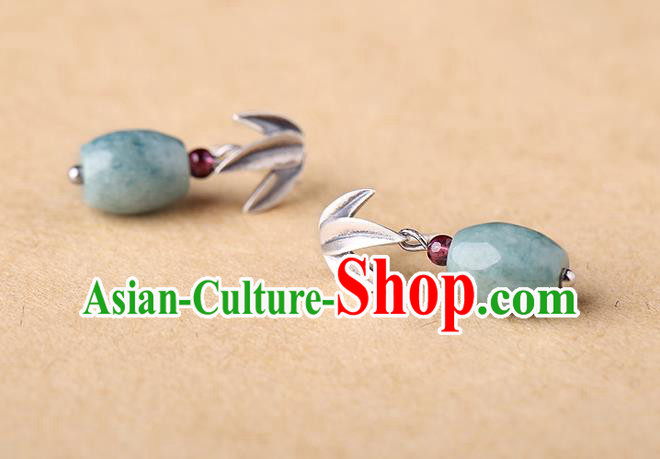 Chinese Classical Silver Bamboo Leaf Ear Accessories Traditional Cheongsam Jade Earrings