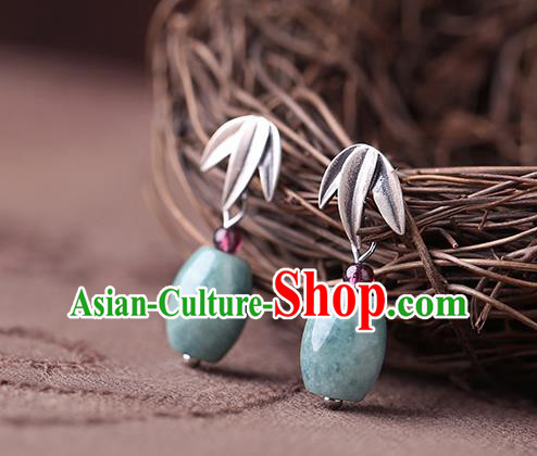Chinese Classical Silver Bamboo Leaf Ear Accessories Traditional Cheongsam Jade Earrings