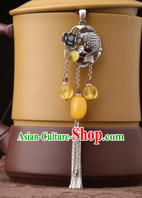 China Classical Carving Lotus Fish Necklace Pendant Traditional Cheongsam Beeswax Silver Tassel Accessories