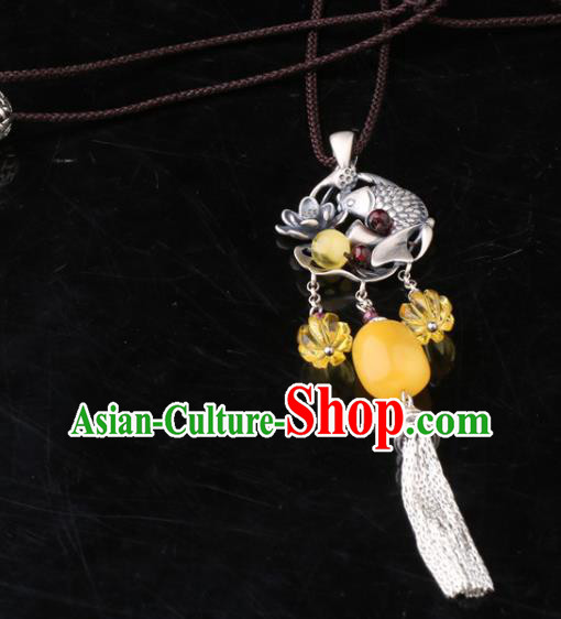China Classical Carving Lotus Fish Necklace Pendant Traditional Cheongsam Beeswax Silver Tassel Accessories
