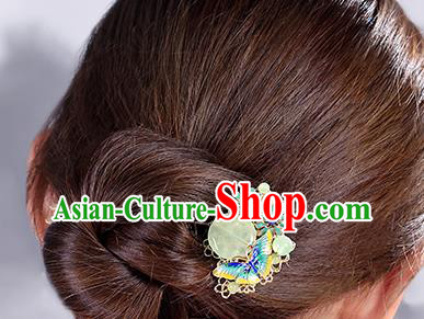 China Classical Chrysoprase Hair Stick Traditional Cheongsam Hair Accessories Handmade Enamel Butterfly Hairpin
