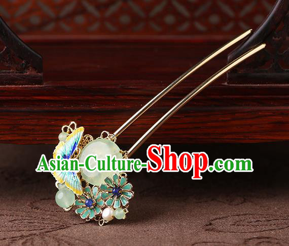 China Classical Chrysoprase Hair Stick Traditional Cheongsam Hair Accessories Handmade Enamel Butterfly Hairpin