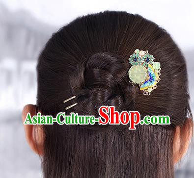 China Classical Chrysoprase Hair Stick Traditional Cheongsam Hair Accessories Handmade Enamel Butterfly Hairpin