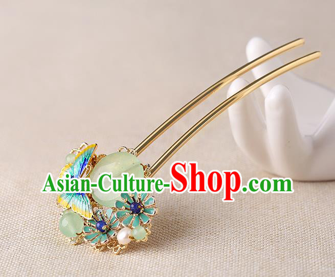 China Classical Chrysoprase Hair Stick Traditional Cheongsam Hair Accessories Handmade Enamel Butterfly Hairpin