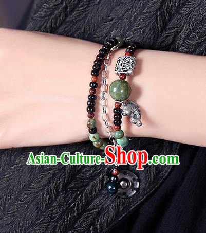 Handmade Chinese Garnet Beads Bangle Jewelry Traditional National Silver Fish Bracelet Wristlet