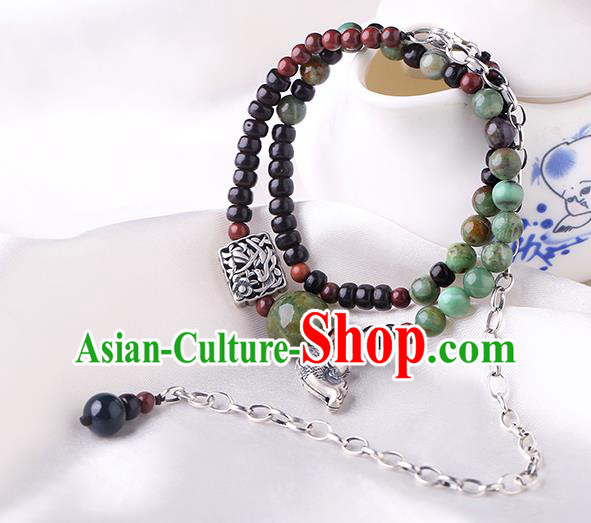 Handmade Chinese Garnet Beads Bangle Jewelry Traditional National Silver Fish Bracelet Wristlet