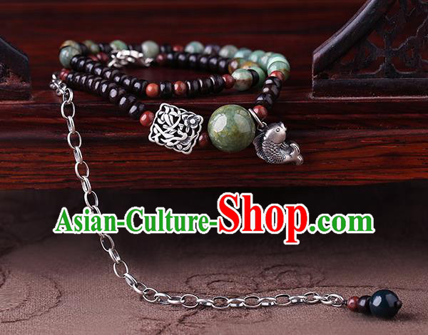 Handmade Chinese Garnet Beads Bangle Jewelry Traditional National Silver Fish Bracelet Wristlet