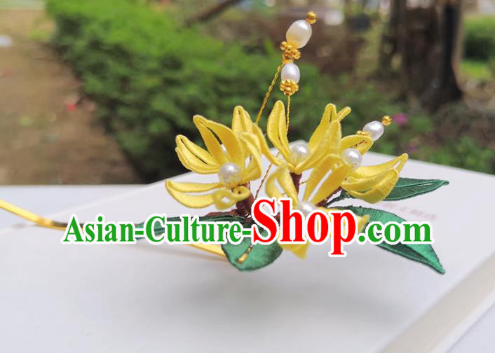China Ming Dynasty Osmanthus Hair Stick Traditional Ancient Princess Yellow Silk Flowers Hairpin