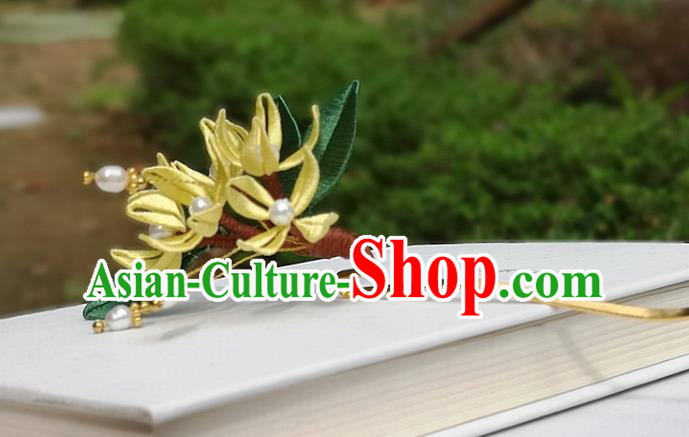 China Ming Dynasty Osmanthus Hair Stick Traditional Ancient Princess Yellow Silk Flowers Hairpin