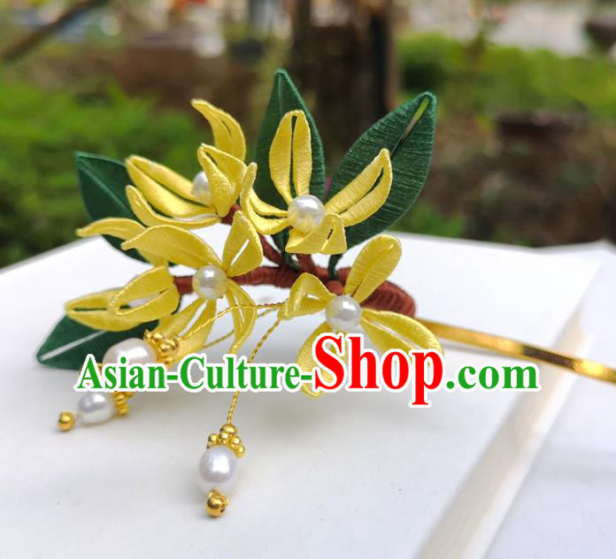 China Ming Dynasty Osmanthus Hair Stick Traditional Ancient Princess Yellow Silk Flowers Hairpin