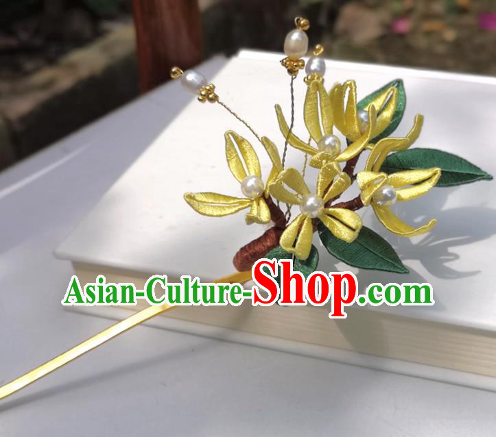 China Ming Dynasty Osmanthus Hair Stick Traditional Ancient Princess Yellow Silk Flowers Hairpin