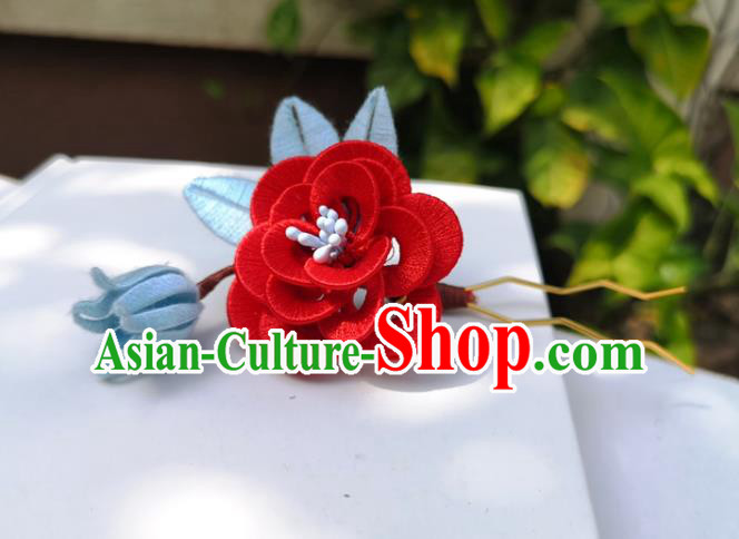 China Ming Dynasty Red Silk Rose Hair Stick Traditional Ancient Palace Lady Hairpin