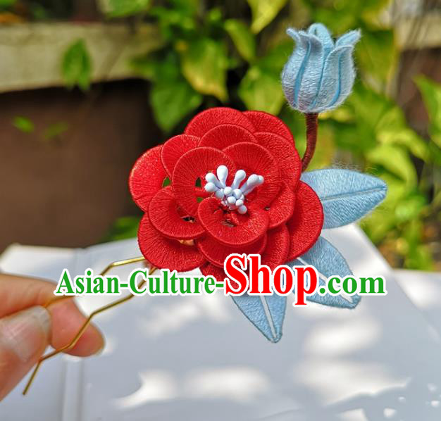 China Ming Dynasty Red Silk Rose Hair Stick Traditional Ancient Palace Lady Hairpin