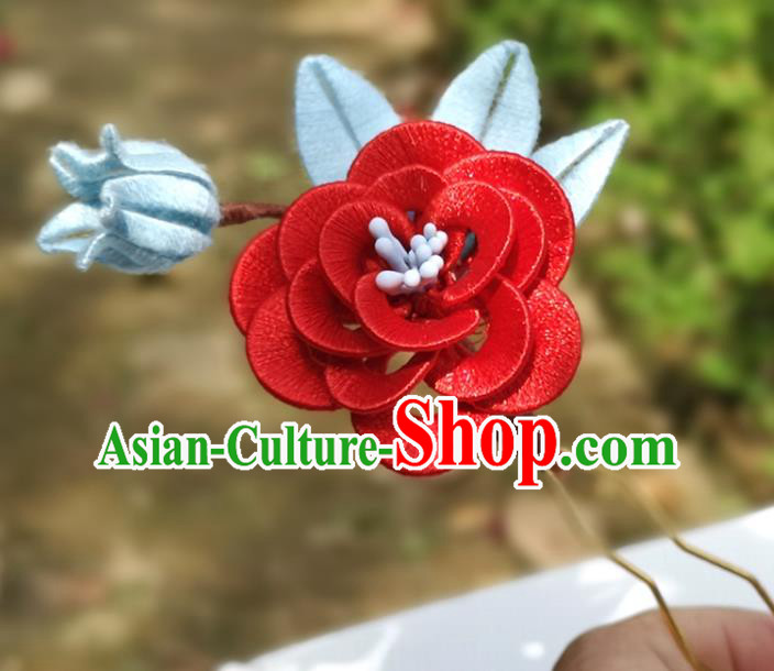 China Ming Dynasty Red Silk Rose Hair Stick Traditional Ancient Palace Lady Hairpin