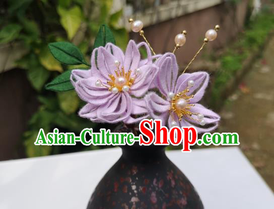China Ming Dynasty Lilac Silk Epiphyllum Hair Stick Traditional Ancient Palace Lady Pearls Hairpin