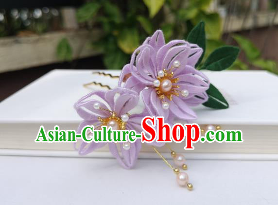 China Ming Dynasty Lilac Silk Epiphyllum Hair Stick Traditional Ancient Palace Lady Pearls Hairpin