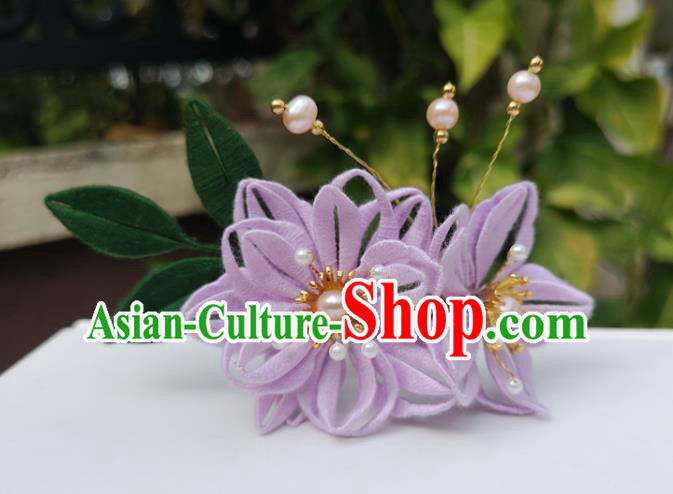 China Ming Dynasty Lilac Silk Epiphyllum Hair Stick Traditional Ancient Palace Lady Pearls Hairpin