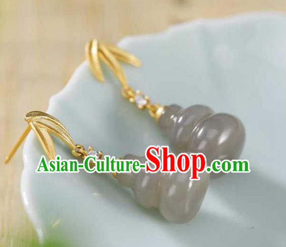 Handmade Chinese Jade Gourd Ear Accessories Traditional Golden Bamboo Leaf Earrings
