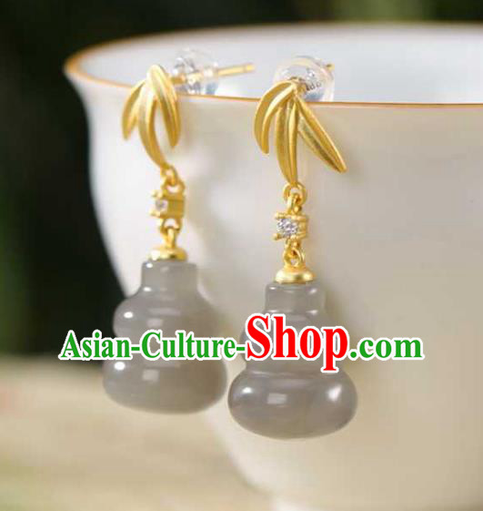 Handmade Chinese Jade Gourd Ear Accessories Traditional Golden Bamboo Leaf Earrings
