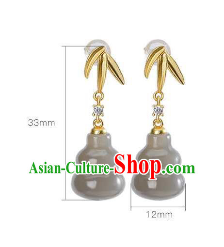 Handmade Chinese Jade Gourd Ear Accessories Traditional Golden Bamboo Leaf Earrings